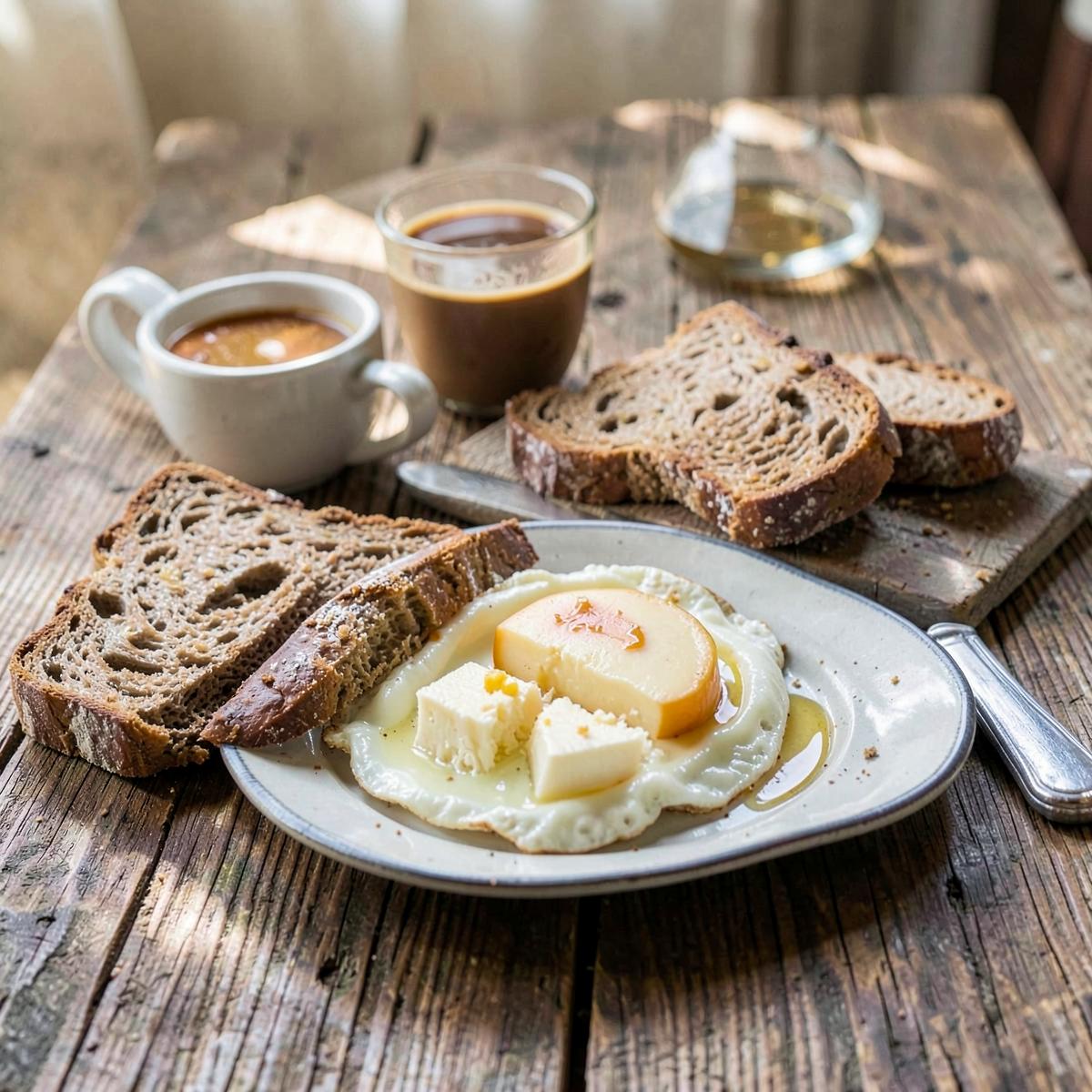Desayuno casero sobre mesa de madera
