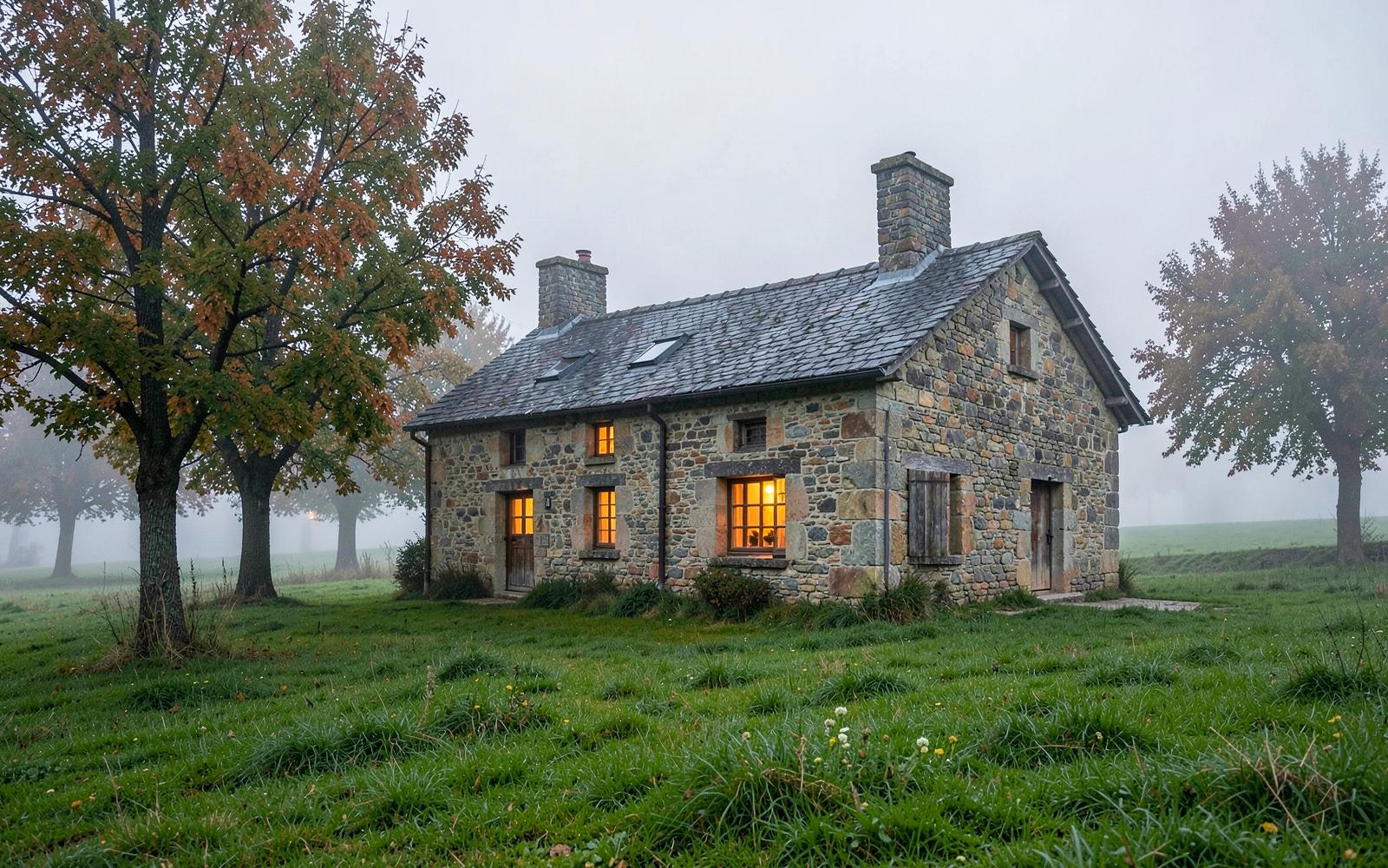 Casa de piedra con tejado de pizarra entre prados y niebla