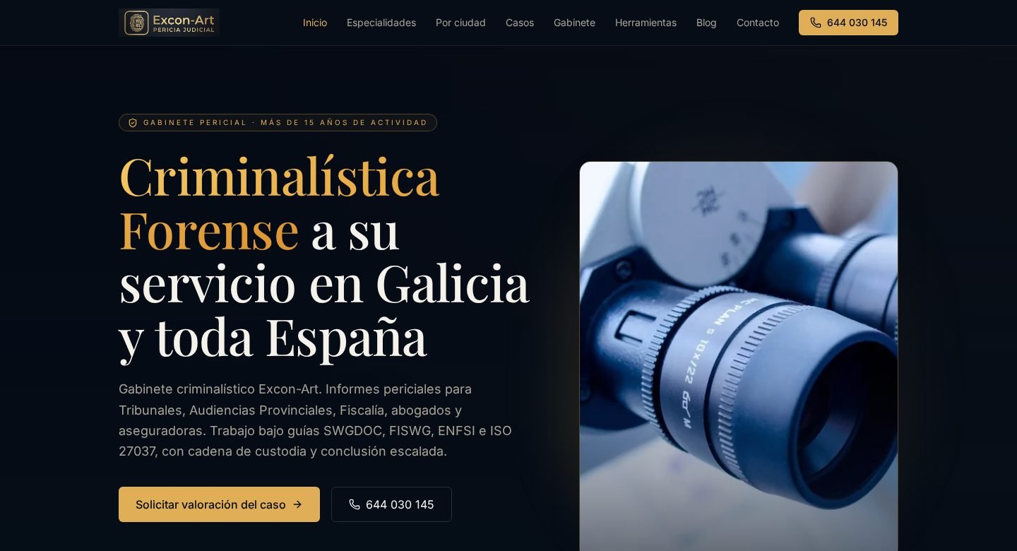 Página de inicio de la web de Excon-Art, gabinete criminalista