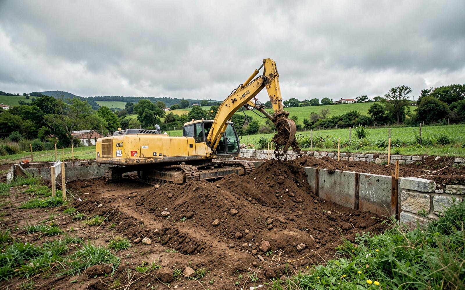 Excavadora en un movimiento de tierras con muro de contención