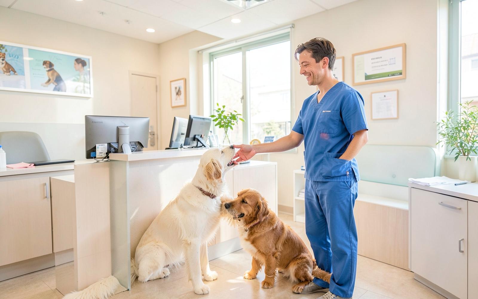 Veterinario saludando a dos perros en la recepción de la clínica